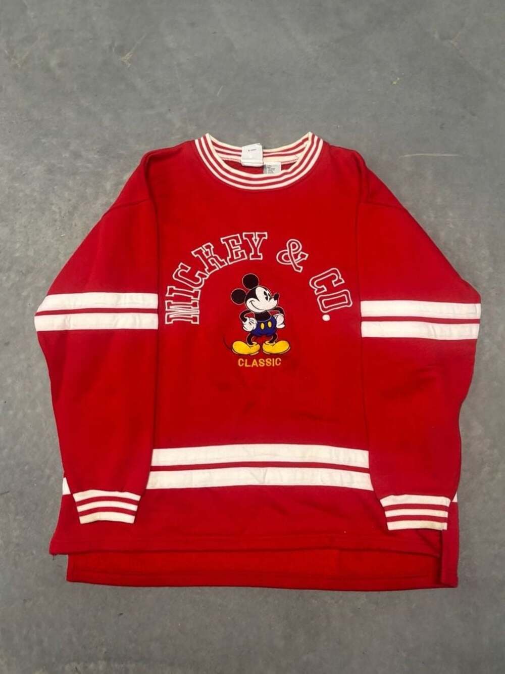Vintage 90s Mickey & Co. Embroidered Mickey Mouse Red Striped Sweatshirt